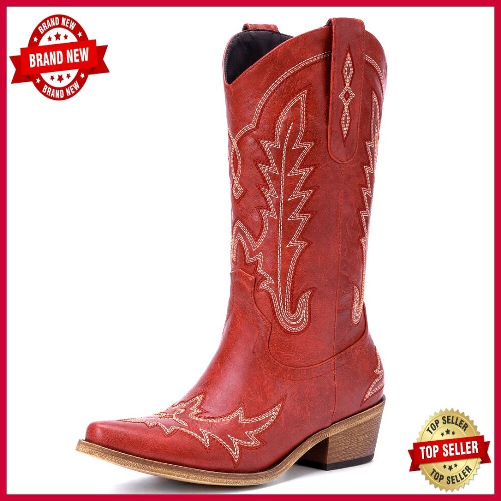 Vintage Western Cowgirl Boots Chunky Heel Pointed Toe Pull-on Embroidery
